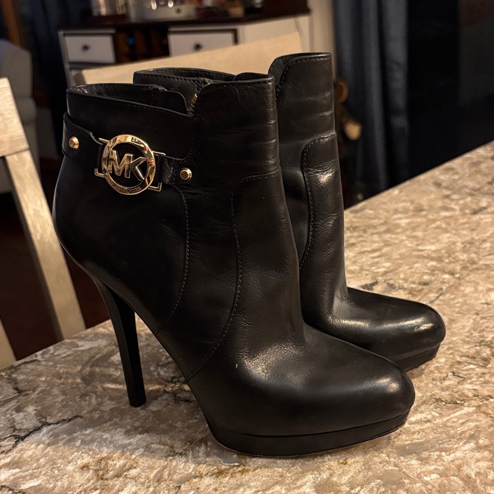 Michael Kors Black Heeled Boots with Gold Accent